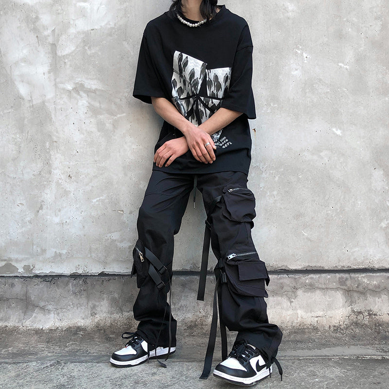 High Street Streamer Trousers Fried Street Overalls With Tied Feet