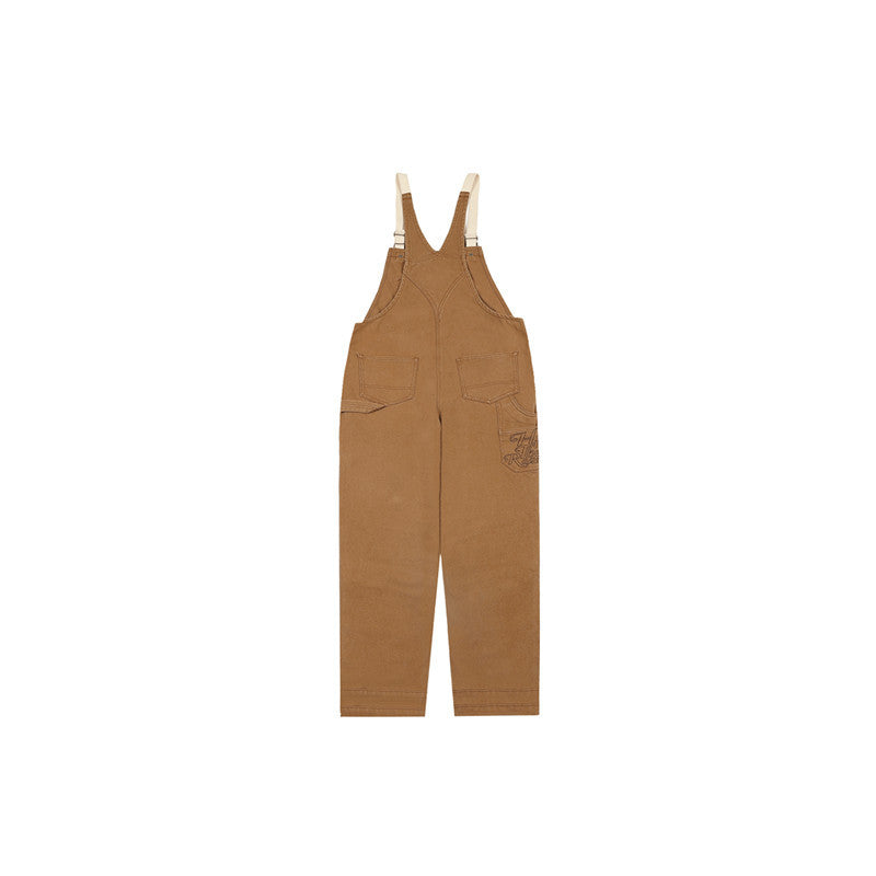 Zipper Pocket Suspender Trousers Country Trend Wild Loose High Street Wear Straight-leg Pants